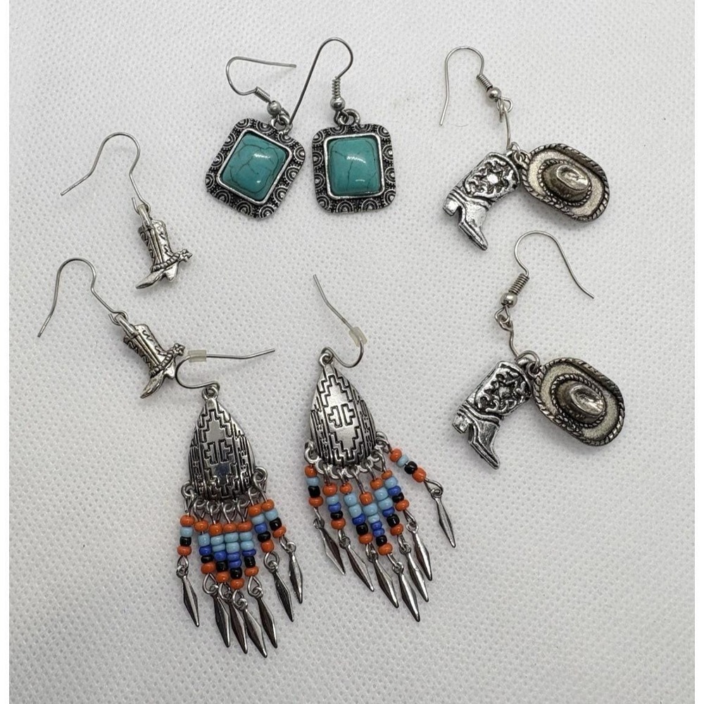 Southwest Western Earrings Lot‎ of 4 Silver Tone Turquoise Cowboy Fringe Dangle